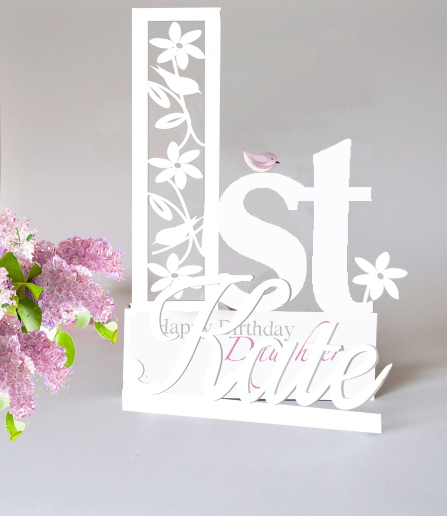 Personalised !st Birthday card 3D Paper cut for a Daughter, Granddaughter, Niece