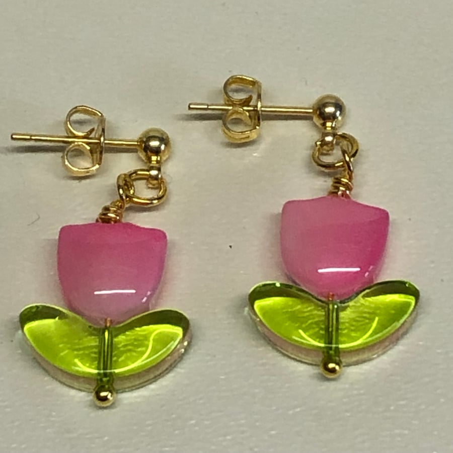 Pink and Green Coloured Glass Tulip Stud Earrings 