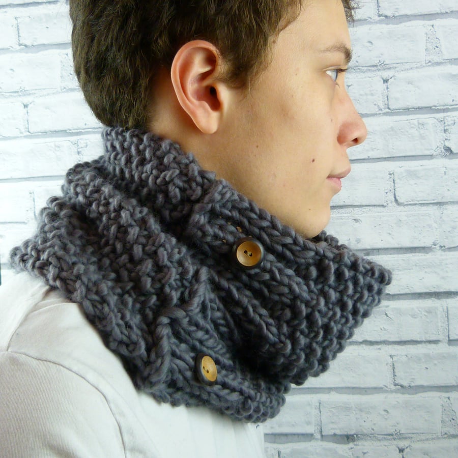 Men's Grey Hand knitted Cowl, 100% merino wool
