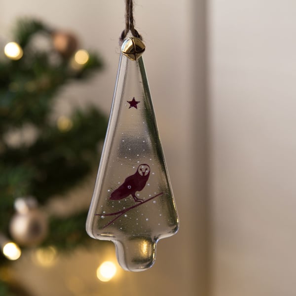 Owl Fused Glass Christmas Tree, wall art, window hanging, ornament