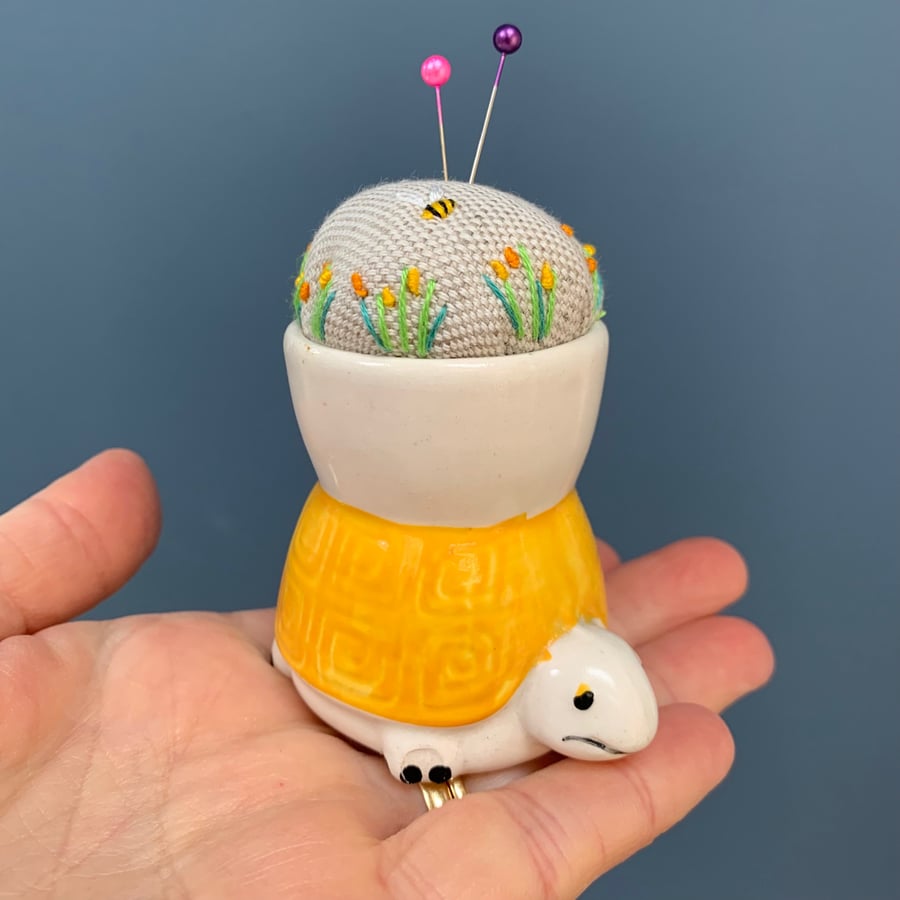 Tortoise egg cup embroidered pin cushion