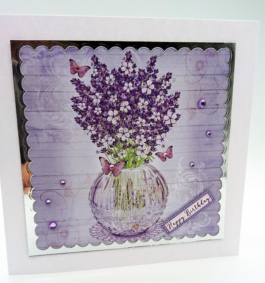 Lavender Happy Birthday Card Vase of Purple and Lilac Flowers. FREE P&P to U.K.