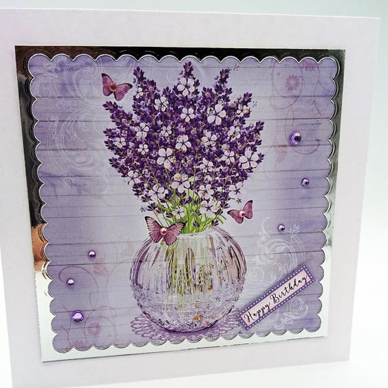 Lavender Happy Birthday Card Vase of Purple and Lilac Flowers. FREE P&P to U.K.