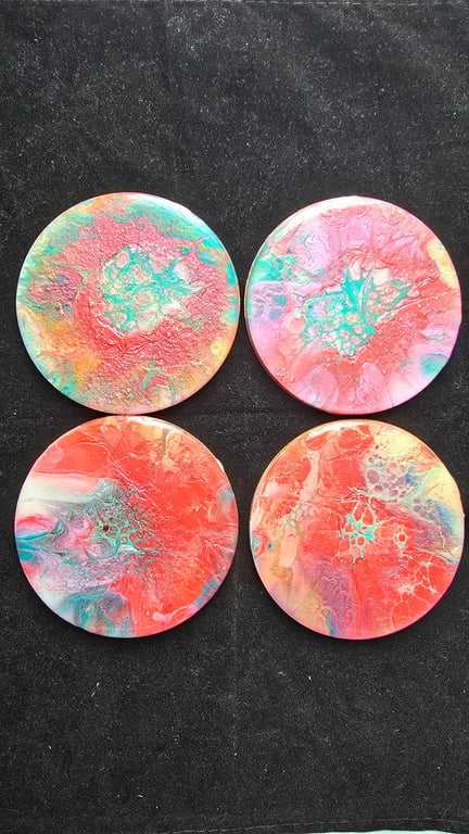 "Bloom Burst" set of 4 round fluid art abstract coasters top coat of resin