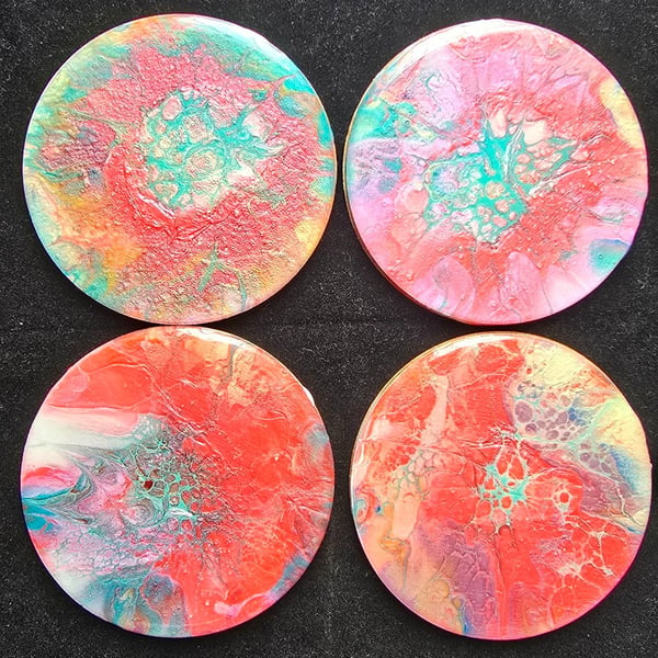 "Bloom Burst" set of 4 round fluid art abstract coasters top coat of resin
