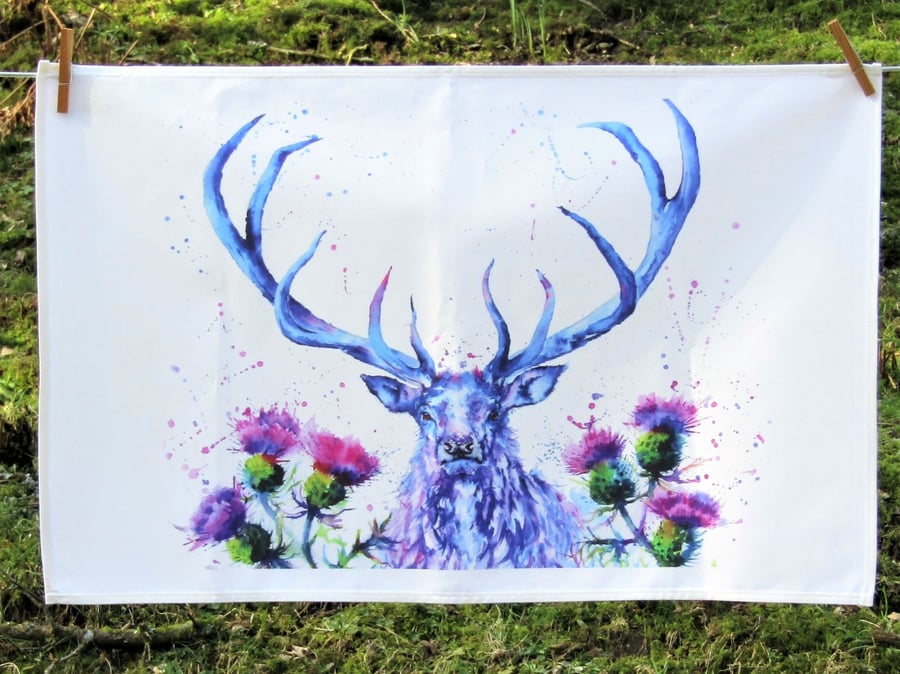 Scottish Tea Towel gift of a Majestic stag and Thistles.