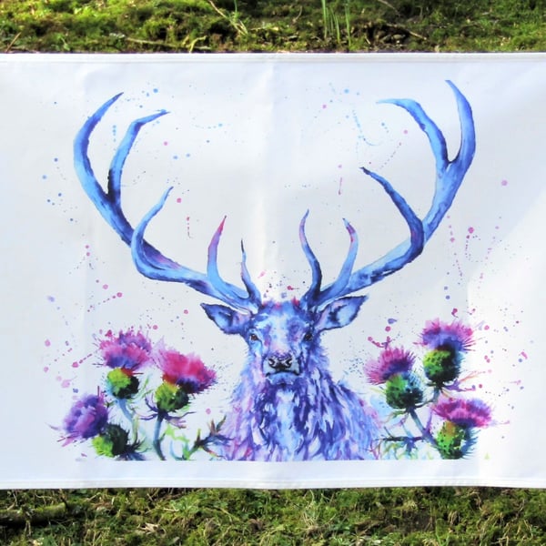 Scottish Tea Towel gift of a Majestic stag and Thistles.