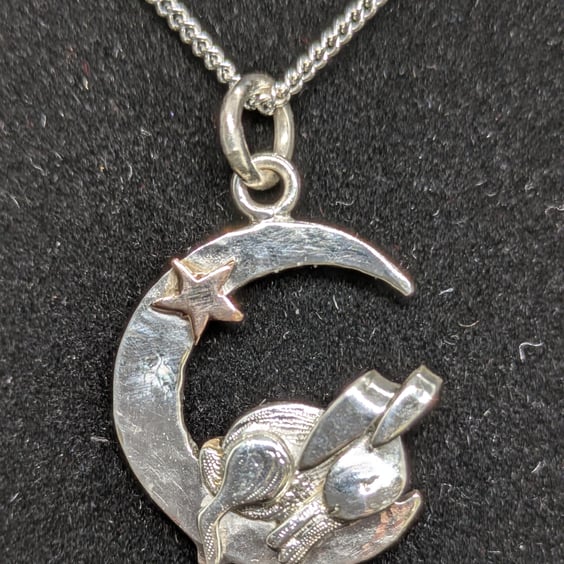 Hare, moon and star pendant, Rabbit necklace, Sterling silver hare