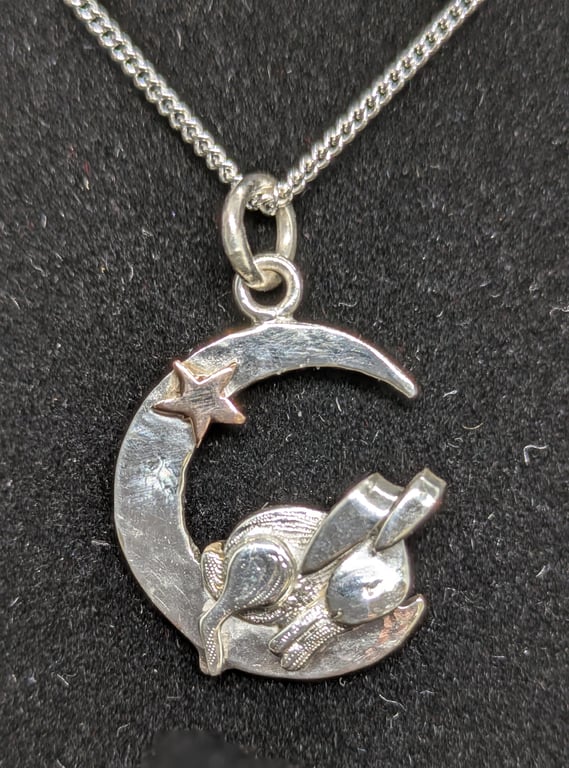 Hare, moon and star pendant, Rabbit necklace, Sterling silver hare