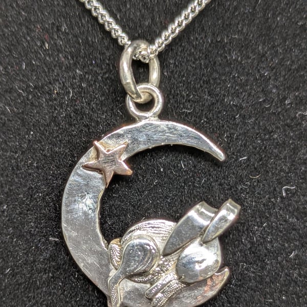 Hare, moon and star pendant, Rabbit necklace, Sterling silver hare