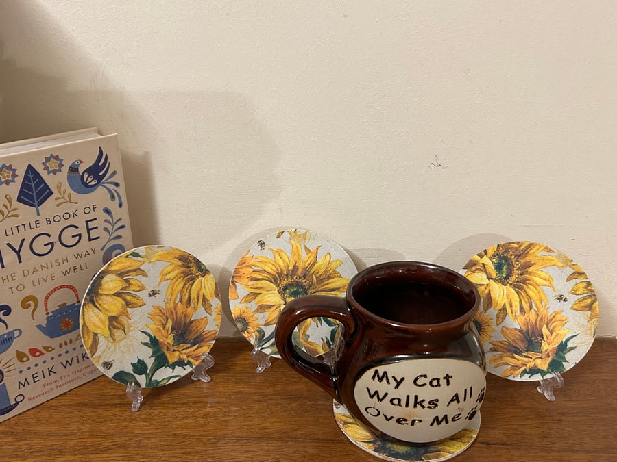 Sunflowers and Bee Coasters, set of four, slimline, round