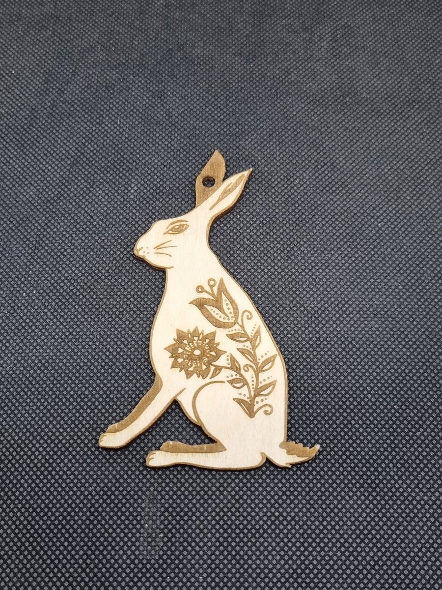 Folk art March Hare, hand drawn,  laser-etched and laser-cut from wood