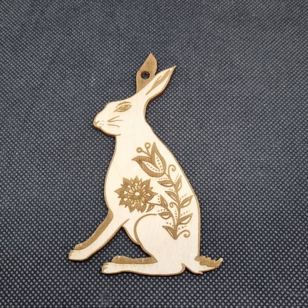 Folk art March Hare, hand drawn,  laser-etched and laser-cut from wood