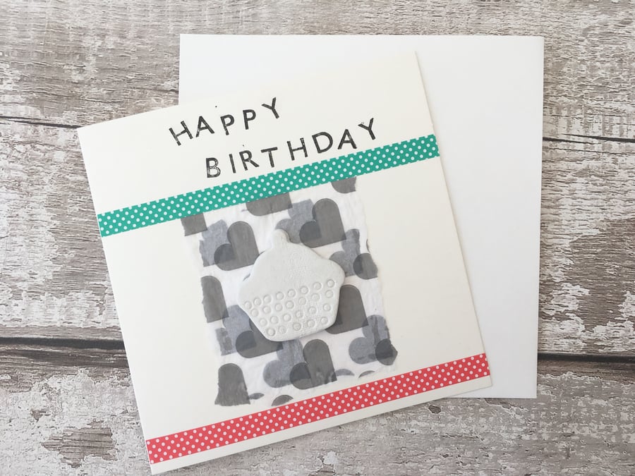 Happy Birthday card, air dry clay cup cake design attached, gift idea