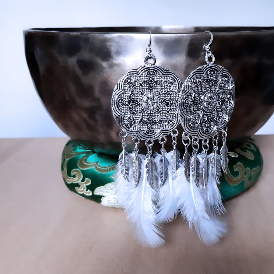White Feather Antique Flower Earrings