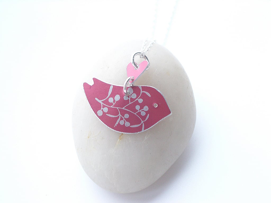Bird necklace with dandelion print in pink and silver