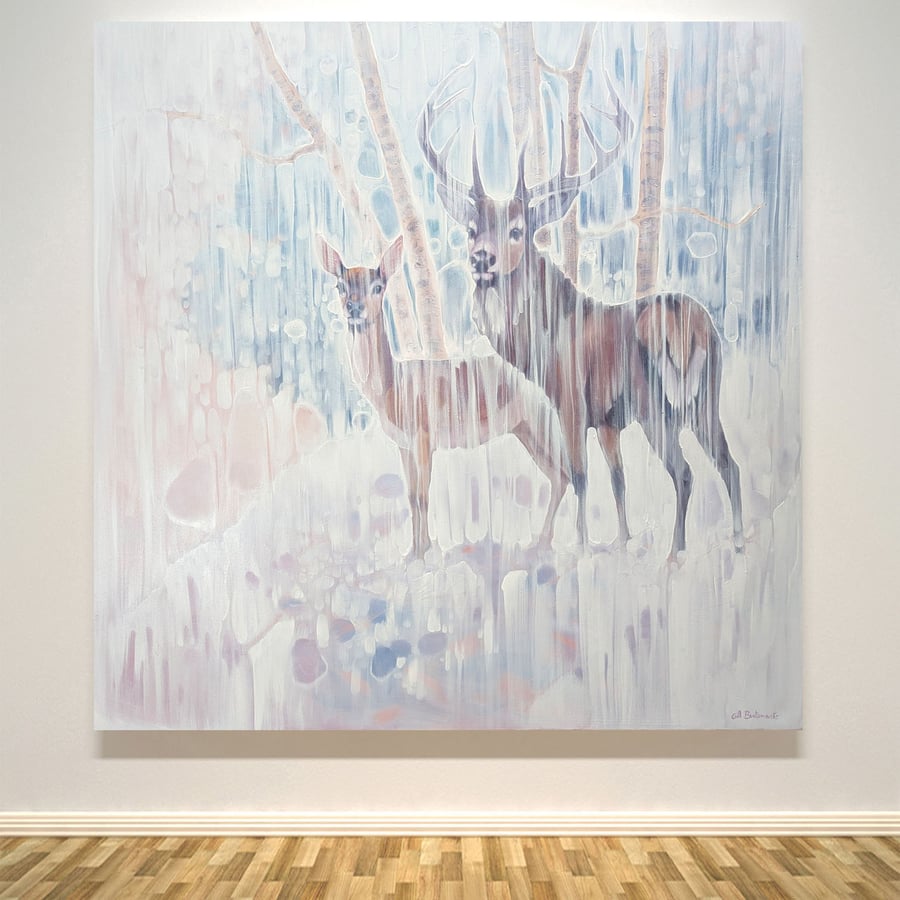 The Winter Monarchs, a deer in snow landscape painting
