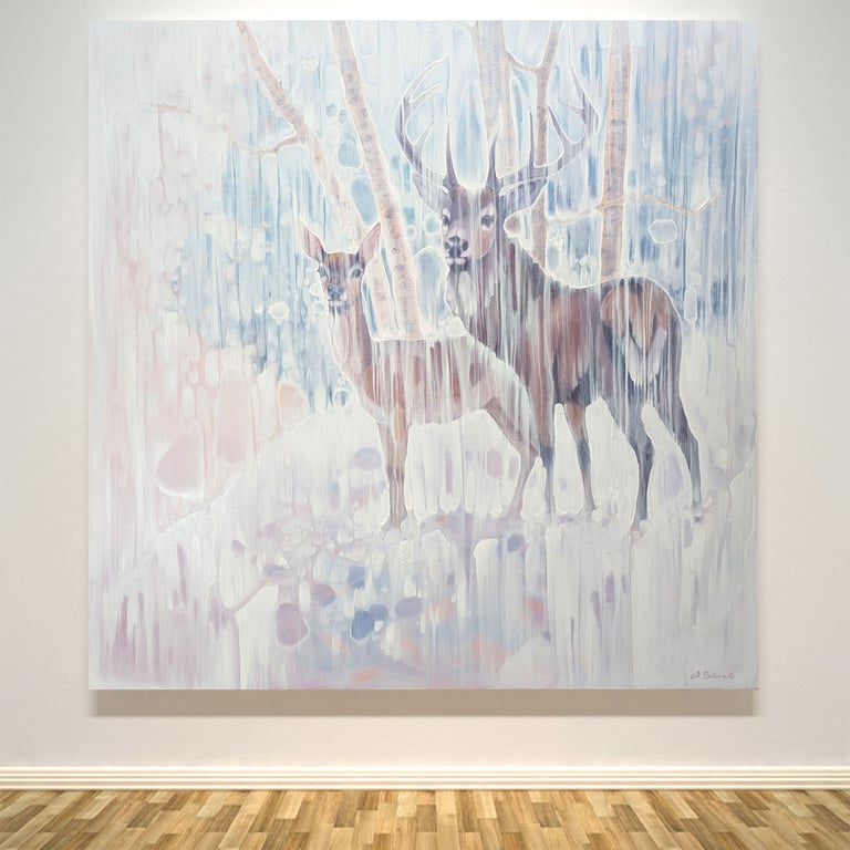The Winter Monarchs, a deer in snow landscape painting