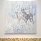 The Winter Monarchs, a deer in snow landscape painting