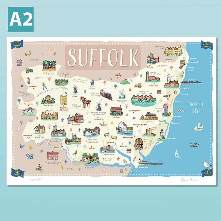 Suffolk A2 illustrated map poster by Fiona Horan