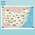 Suffolk A2 illustrated map poster by Fiona Horan