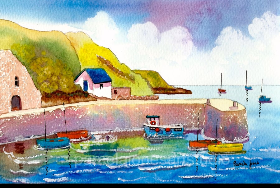Porthgain Harbour, Pembrokeshire, Watercolour print in 8 x 6'' Mount