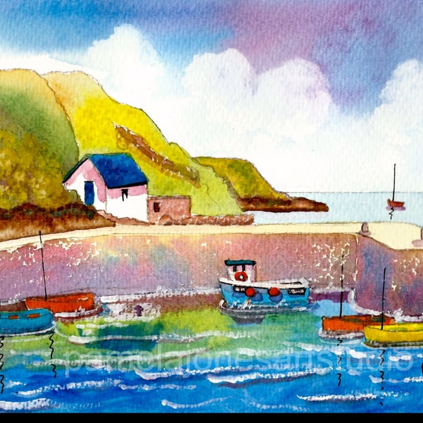 Porthgain Harbour, Pembrokeshire, Watercolour print in 8 x 6'' Mount