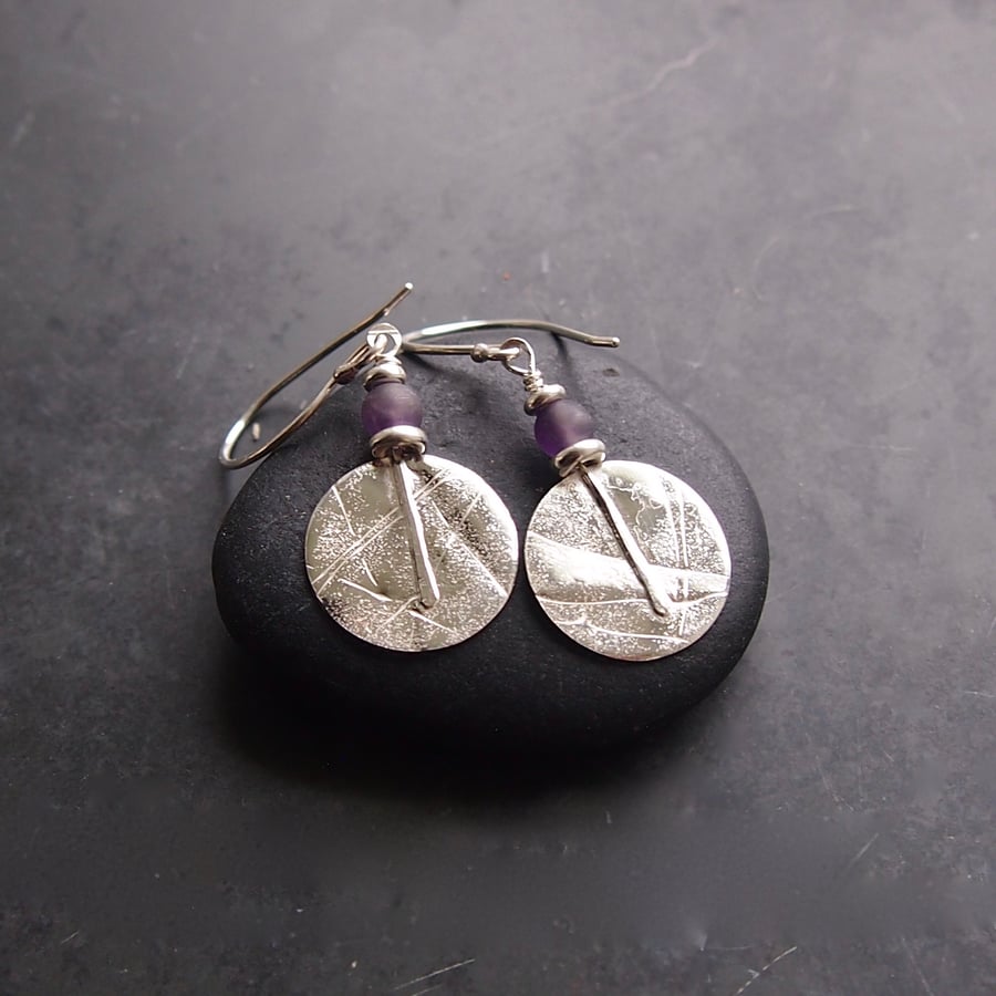 Sterling Silver Textured Disc Earrings with Amethyst
