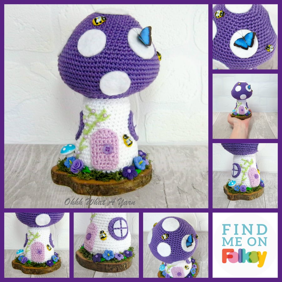Crochet purple toadstool fairy house decoration, ornament.