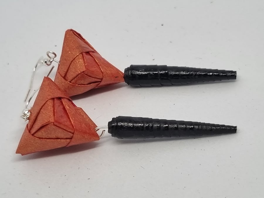 Orange-red pearlescent and black paper earrings 