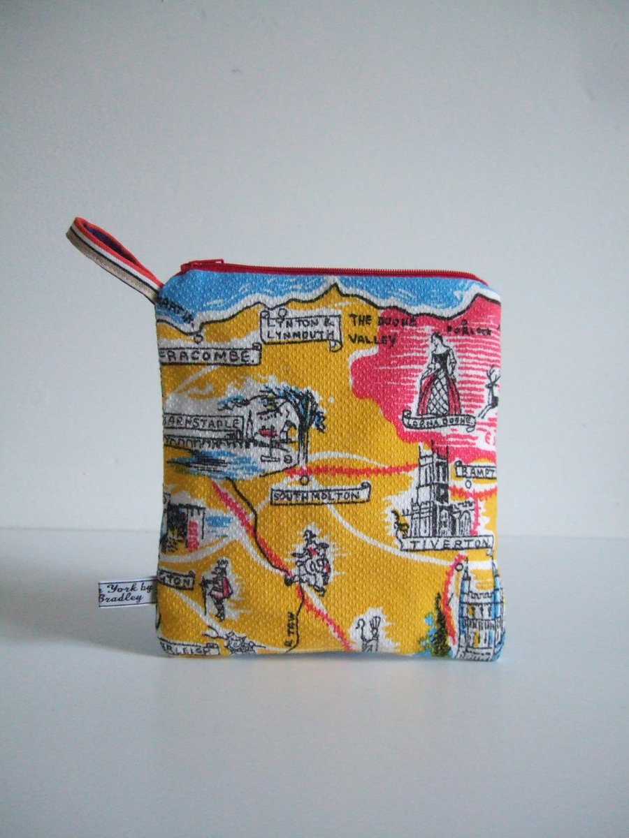 Vintage tea towel purse or make up bag with scenes of Devon.