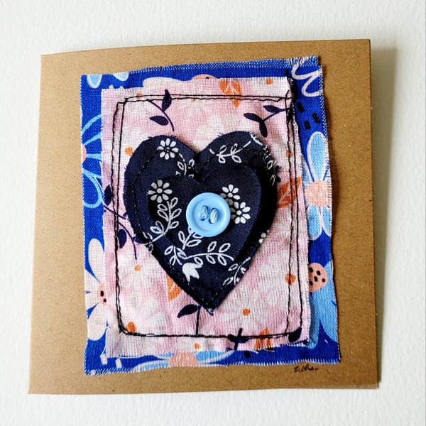 Handmade 'Blue Button Heart'  Blank Fabric Greeting Card 