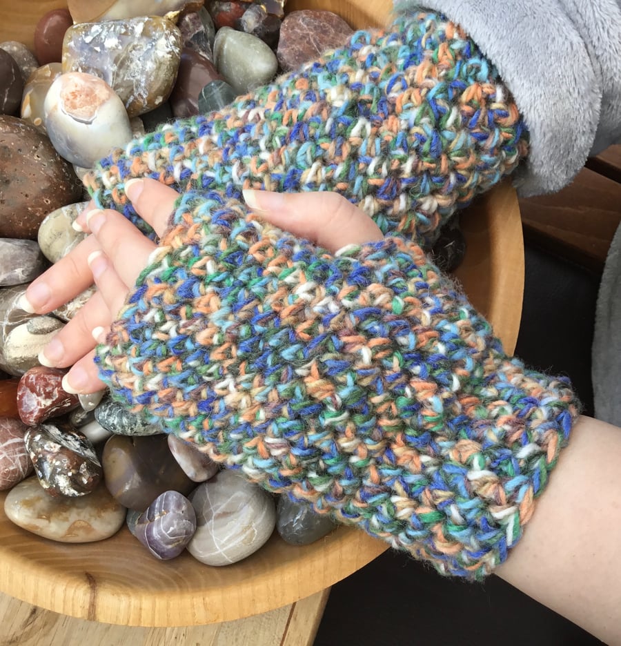 Connemara Tweed! Crocheted Chunky Fingerless Mittens or Wrist Warmers.