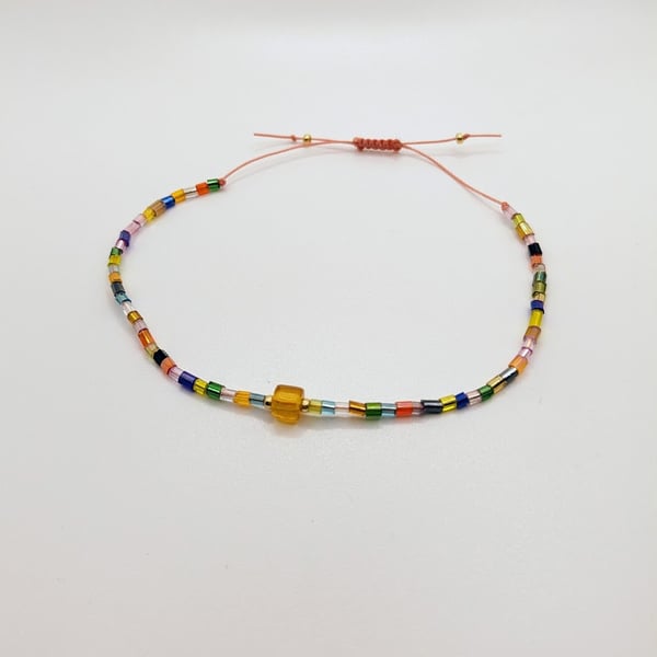 Multi colour thin glass bead adjustable string bracelet
