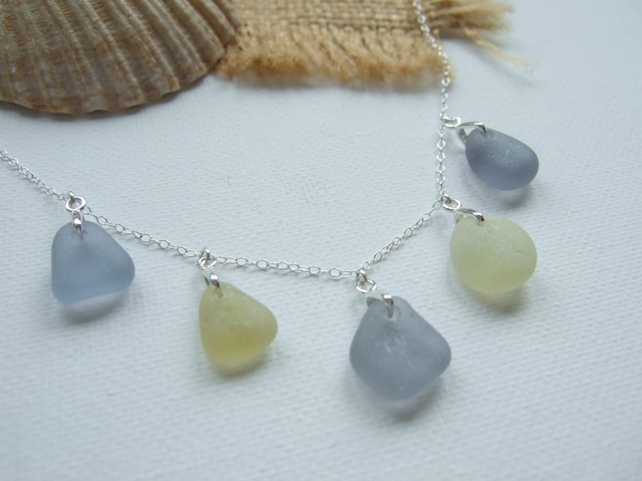 Seaham Sea Glass Necklace, Petite Grey Yellow Multi Pendants 18" Sterling Silver