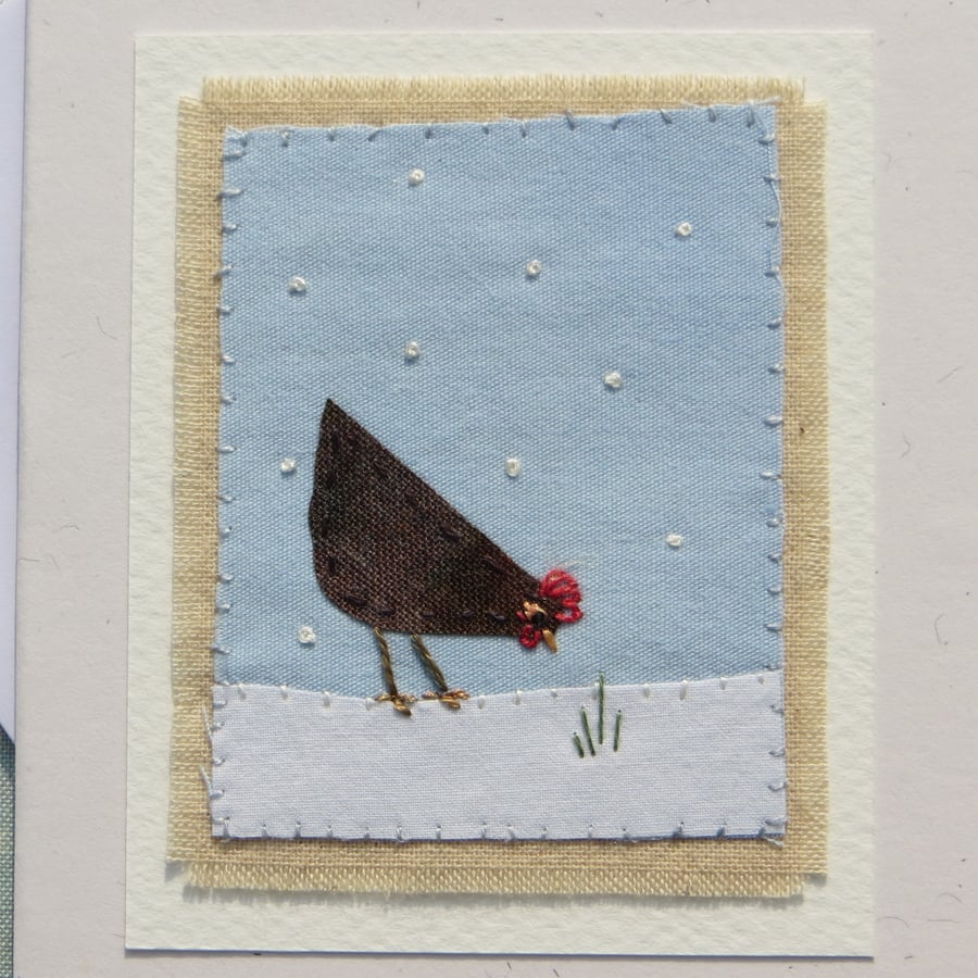 Little Hen in Snow - hand-stitched miniature on recycled card for Christmas