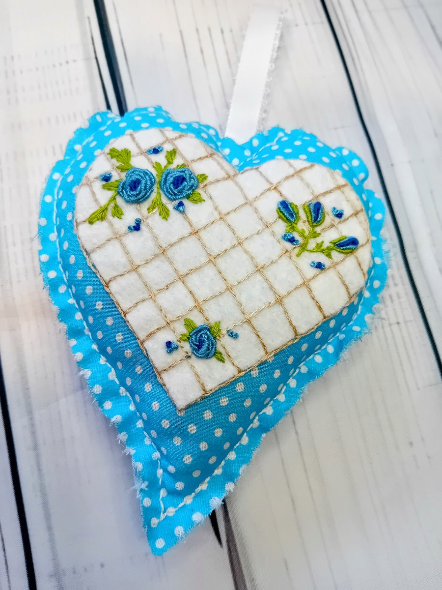 Hand-Embroidered Lavender Heart - Vintage Blue Rose Hanging Ornament 