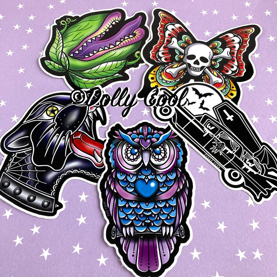 Spooky Vinyl Sticker Pack  Audrey ii  Owl - Hearse - Tattoo Panther - Butterfly