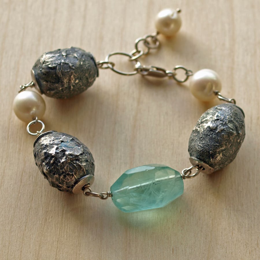 SALE 50% OFF - Textured Beads and Green Flourite Bracelet