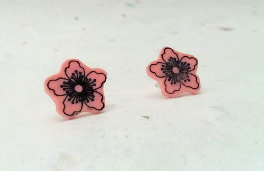 Pink flower motif hand stamped stud earrings