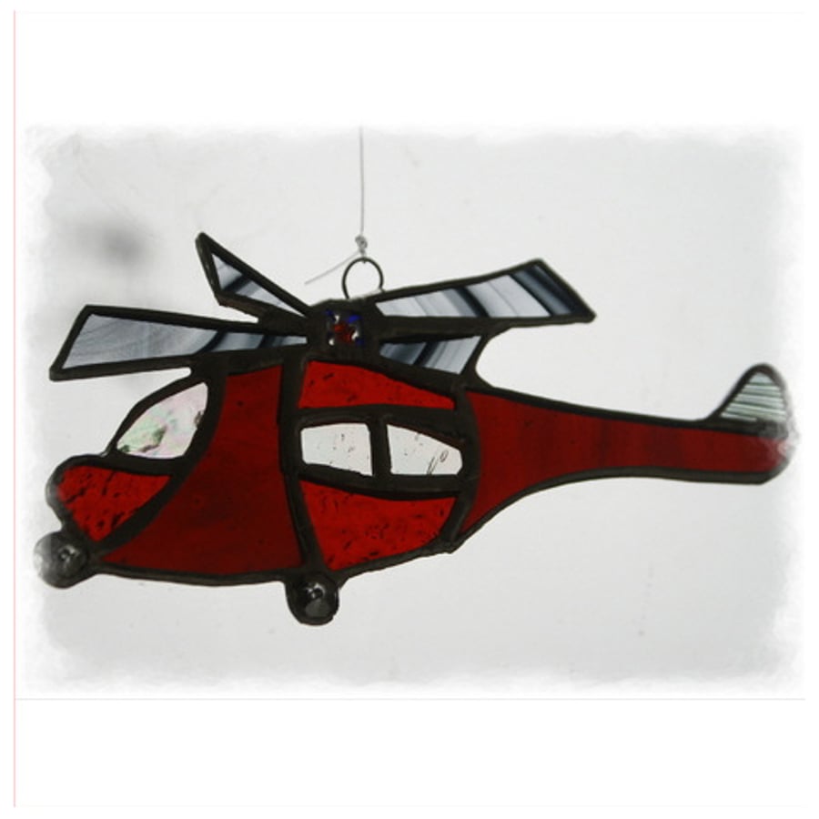  SOLD Helicopter Suncatcher Red Rescue Stained Glass handmade