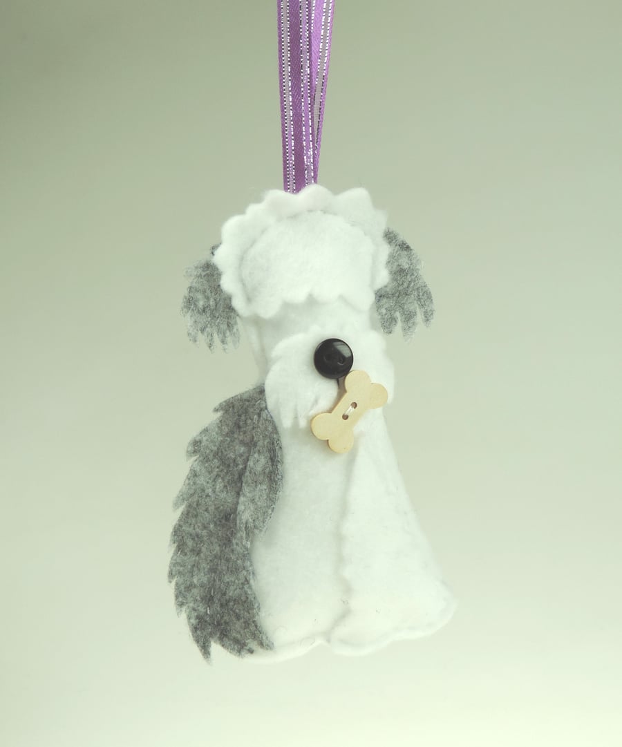 Handmade Felt Old English SheepDog & bone, Hanging Decoration, Twig Tree, OES
