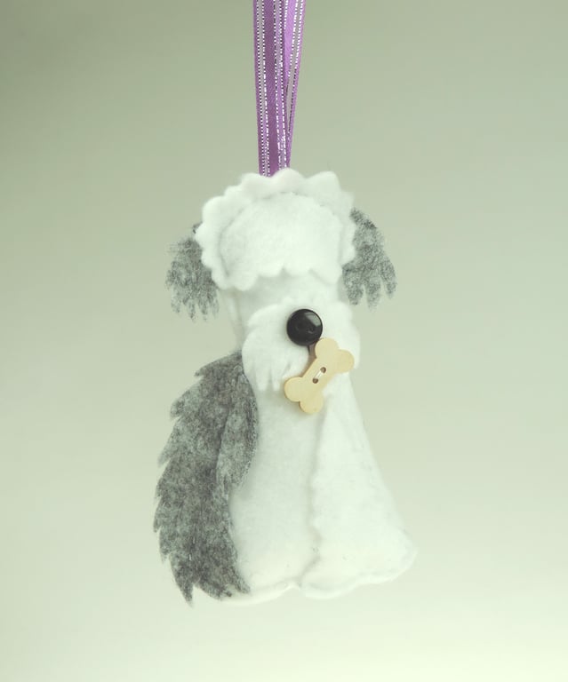 Handmade Felt Old English SheepDog & bone, Hanging Decoration, Twig Tree, OES
