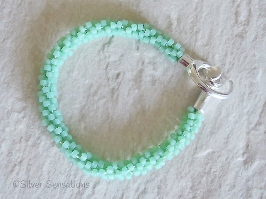Frosted Pastel Mint Green Beaded & Braided Woven Kumihimo Bracelet