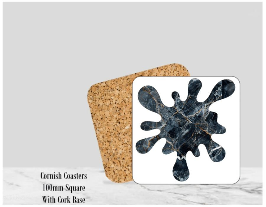  Splash (Black) Mable Coaster  4" Square With Cork Base.