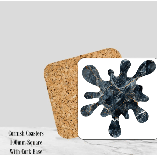  Splash (Black) Mable Coaster  4" Square With Cork Base.