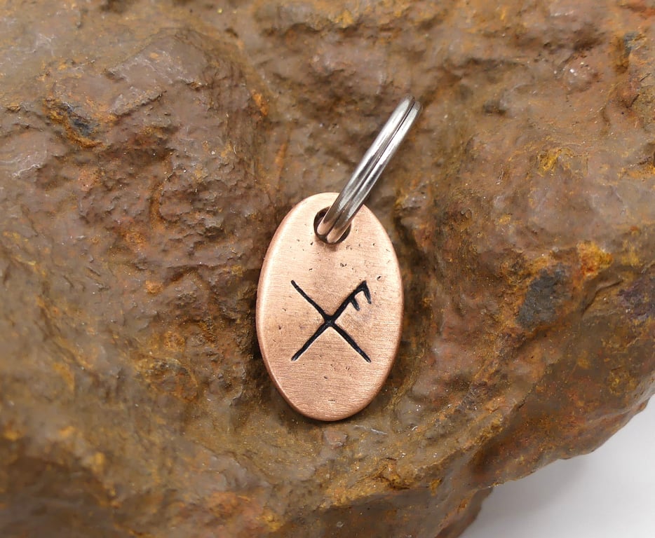 Recycled Oval Copper Good Luck Bindrune Split Keyring Charm, Bag Charm.