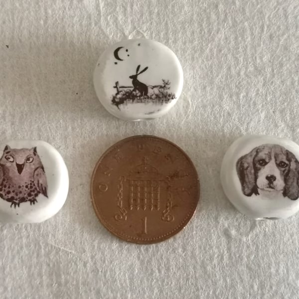 Ceramic beads with owl, hare and dog pictures