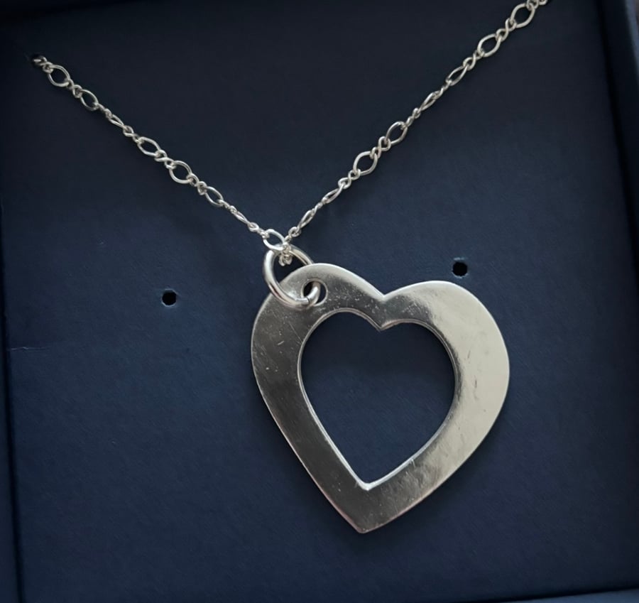 Large Open Heart Silver Pendant