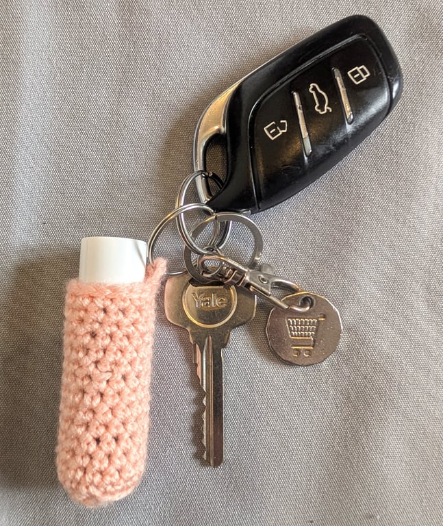 Crochet lip balm holder keychain, bag charm, handmade, keyring accessory - peach